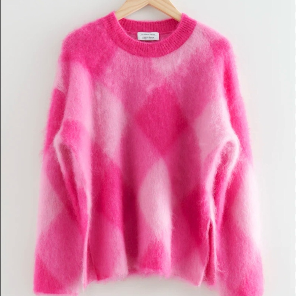 & Other Stories Pink Argyle Mohair Wool Blend Sweater Los Angeles Atelier Medium